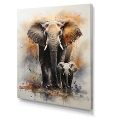 an elephant and her baby are standing in front of the watercolor painting on canvas