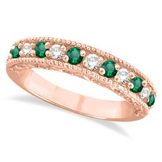 Designer Diamond and Emerald Ring Band in 14k Rose Gold (0.59 ctw) Emerald Ring Band, Rose Gold Emerald Ring, Jewellery Wishlist, Diamond And Emerald Ring, Emerald Band Ring, Rings Emerald, Rings Rose Gold, Emerald Band, Emerald Ring Gold