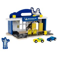 a toy set with a car, truck and fire hydrant