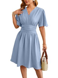 PRICES MAY VARY. Women's summer wrap dress is made of breathable and comfortable material, more friendly to the skin, and soft to wear. Features: Short flared sleeve dress, wrap v neck, a-line, casual swing dress, floral sundress, knee length dress, empire waist dress. Occasion: This women's midi dress is perfect for leisure, work, home, and daily. Good for spring, summer, and fall wear. Match: The v neck wrap dress is easy to pair with any high heels, earrings, necklace, and handbags. The fit a Cheap Midi Length Dresses With Tie Waist, Cheap Solid Color Midi Day Dress, Cheap Flowy Light Blue Midi Dress, Cheap Blue Midi Length Dresses, Affordable Light Blue Midi Dress For Spring, Cheap Light Blue Midi Dress For Summer, Cheap Blue Dresses For Fall, Cheap Light Blue Midi Dress For Beach, Cheap Blue Daytime Dresses