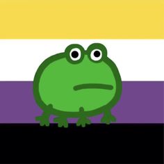 a green frog sitting on top of a purple, white and yellow flag