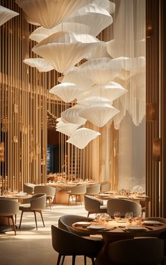 the interior of a restaurant with large paper lanterns hanging from the ceiling and round tables