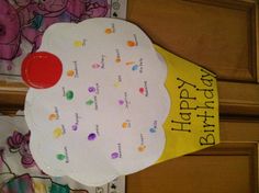 a cupcake shaped birthday card hanging on a door