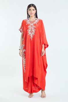 Red kaftan with contrasting floral, dori, cutdana and pearl embroidery. Comes with solid draped skirt. - Aza Fashions Elegant Red Abaya With Dabka Detailing, Festive Red Abaya With Dabka Detailing, Festive Red Abaya With Dabka, Elegant Red Abaya For Festive Occasions, Red Georgette Kaftan For Festive Occasions, Elegant Red Kaftan With Zari Work, Festive Red Georgette Kaftan, Elegant Red Embroidered Kaftan, Elegant Embroidered Red Kaftan