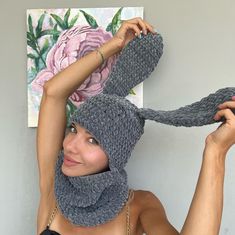 Bunny balaclava with ears crochet handknit  Balaclava ears Rabbit hat  Oversized velvet knitted balaclava fake mask Trend 2023 I knitted a balaclava with bunny ears from delicate, soft velor yarn. Available in the store - gray, lavender, white, black, hot pink, violet, beige the balaclava is very cute and can be worn for skiing and it will protect your face from the wind, or you can go to a festival or just every day and it will cheer you up The balaclava is designed for medium temperatures. was Balaclava With Ears, Bunny Balaclava, Bunny Ears Hat, Velvet Bunny, Alanya Turkey, Rabbit Hat, Knitted Balaclava, Knit Beret, Velvet Teddy