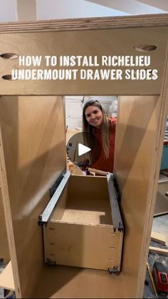 a woman standing in front of a cardboard box with the words how to install rachel undermount drawer slides