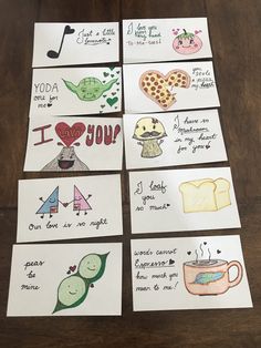 four cards with pictures of different foods and words on them, all written in black ink