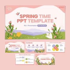 the spring time ppt presentation is displayed on a pink background with flowers and butterflies