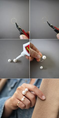 the process of making fake pearls is shown in four different pictures, including one being held by