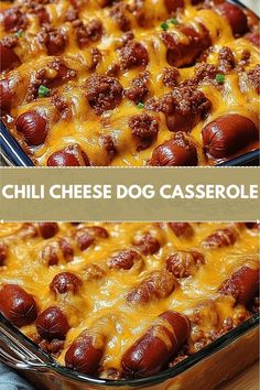 a casserole dish filled with chili cheese dogs