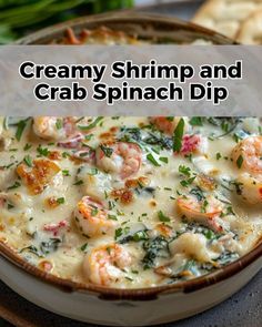 creamy shrimp and crab spinach dip in a bowl