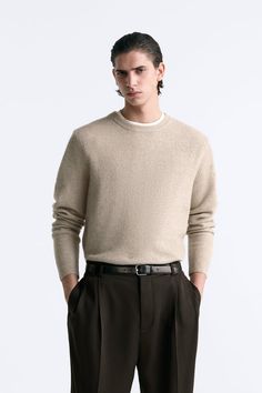 WOOL BLEND SWEATER - Sand | ZARA United States Classic Fine Knit Polo Sweater For Spring, Casual Cashmere Polo Sweater For Spring, Classic Relaxed Fit Sweater For Business Casual, Classic Textured Knit Tops For Workwear, Classic Zara Knit Tops, Classic Winter Top With Ribbed Collar, Classic Knit Zara Tops, Zara Classic Fall Sweater, Classic Knit Tops By Zara