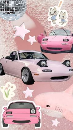 a pink car surrounded by stars, sharks and other things in the background with disco balls