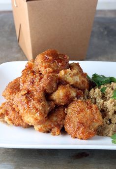 fried food on a white plate with parsley garnish and breaded rice