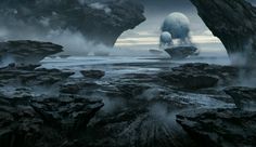 an iceberg floating in the ocean surrounded by rocks and water with fog coming from it