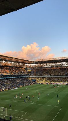 a soccer stadium filled with lots of people on top of a green grass covered field