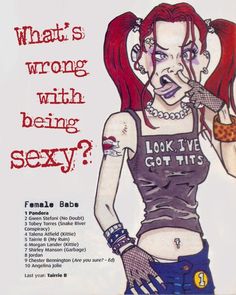 a drawing of a woman with red hair and piercings holding a glass in her right hand