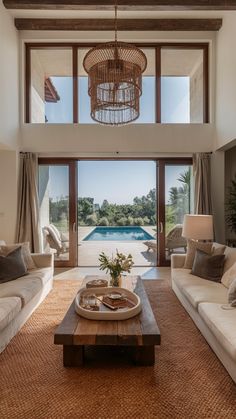 a living room with two couches and a coffee table in front of a large window