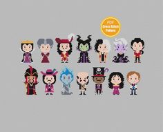 cross stitch pattern with the characters from animation tv program in different poses and sizes, each featuring their own character