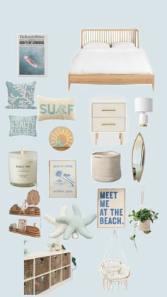 a collage of beach themed items including a bed, lamp and other things on the wall