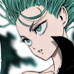 an anime character with green hair and blue eyes