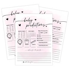 three baby shower checklists with pink watercolor background and handwritten writing on them