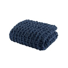 a blue knitted blanket on a white background