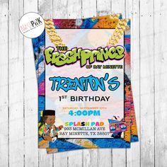 a birthday party poster with the words fresh prince and his name is treron's 1st birthday