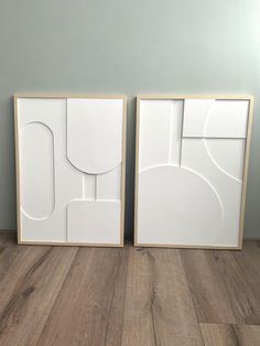 two framed art pieces sitting on top of a hard wood floor next to each other