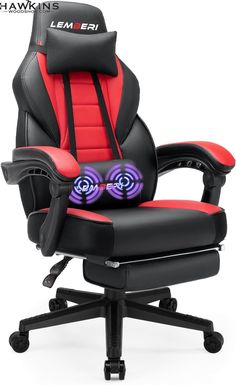 a black and red office chair with the seat up to it's foot rest