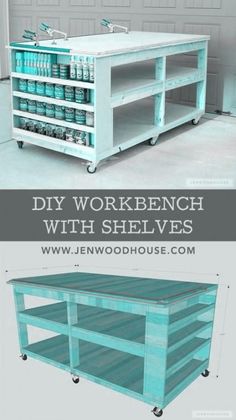 the diy workbench with shelvings is shown in two different colors