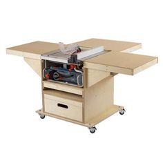 a workbench with tools in the drawer and on it's wheels is shown