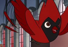 a cartoon character with red hair and big eyes looking at another character in the background