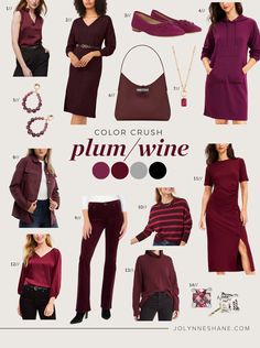 Plum Aesthetic Outfit, Plum Outfits For Women, Deep Color Code Outfits, Plum Color Outfits, Plum Shirt Outfit, Wine Colored Outfits, Wine Color Outfits, Maroon Color Combinations Outfits, Plum Top Outfit