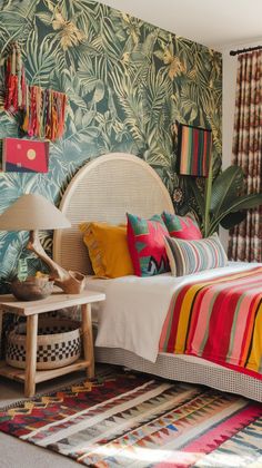 a bed with colorful pillows and blankets in a room that has tropical wallpaper on the walls