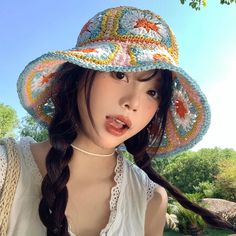 DAIIIBABYY - Dopamine Contrasting Color Flower Straw Cap for Women Summer Seaside Vacation Sunscreen Fashion Big Brim Hollow Woven Bucket Hat Multicolor Bucket Hat For Spring Outdoor, Spring Multicolor Bucket Hat For Outdoor, Trendy Multicolor Bucket Hat For Outdoor, Trendy Multicolor Sun Hat For Outdoor, Retro Multicolor Bucket Hat For Summer, Colorful Spring Bucket Hat, Trendy Spring Sun Cap, Trendy Orange Bucket Hat For Summer, Retro Multicolor Sun Hat For Summer