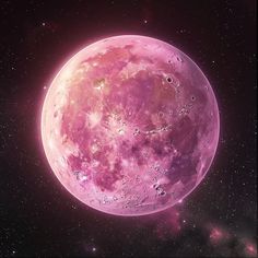 an artist's rendering of a pink moon in the sky with stars around it