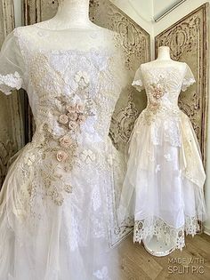 two wedding gowns are on display in front of a wall, one is white and the other is beige