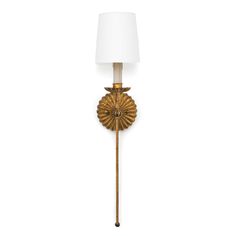 a wall lamp with a white shade on it's side and a gold finish