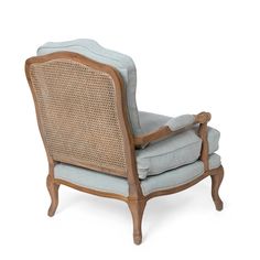 an old fashioned chair with wicker back and arm rests against a white background,