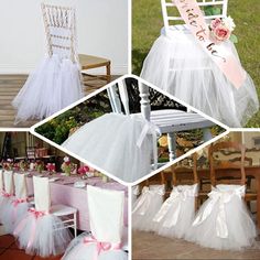 several pictures of chairs with tulle and bows on them, including one for the bride