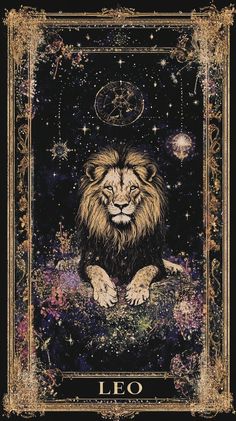 the leo zodiac sign with an image of a lion on it's back and stars in