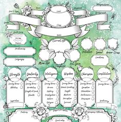 a green and white wedding seating chart with flowers on the top, ribbons around it