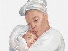 a watercolor painting of a woman holding a baby in her arms and looking at the camera