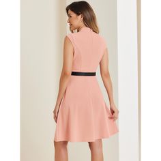 A classic dress with breathable fabric keeps you comfortable and gorgeous in spring, summer, autumn, and winter. Make this elegant above-knee-length dress your fashion priority, it is designed with a split neck, and fitted waistline. This dress has a functional high waist with belt loops, a tying sash belt, and ends at a flared skirt. Wear it with high heels and flat shoes for an elegant and casual look. Fit And Flare Sleeveless Midi Dress For Work, Fit And Flare Midi Sleeveless Dress For Work, Elegant Sleeveless Fit And Flare Dress For Spring, Elegant Fit And Flare Sleeveless Dress For Spring, Elegant Spring Fit And Flare Sleeveless Dress, Fitted Knee-length Sleeveless Spring Dress, Sleeveless Fit And Flare Midi Dress For Work, Feminine Stretch Dresses For Workwear, V-neck Sleeveless Dress For Office In Spring