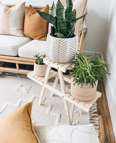 a living room filled with lots of furniture and plants on top of it's legs