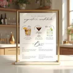 a menu for cocktails on a table in a kitchen