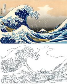 the great wave is depicted in two separate images, each with different colors and sizes