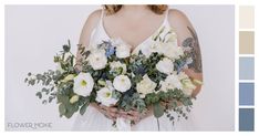 a woman holding a bouquet of white flowers and greenery in her hands with color swatches