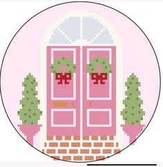 a cross stitch pattern with a pink door and trees in the front, on a white background